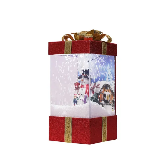 Caixa de presente nevando de Natal Decoração com luz LED Boneco de neve de inverno Papai Noel